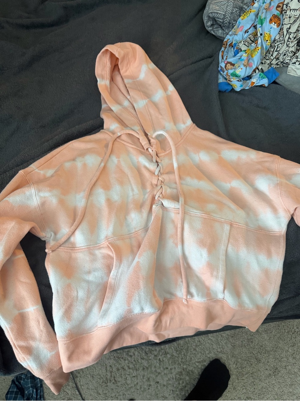 Free people sweatshirt Tie-Dye Lace-Up Hooded Pullover Sweatshirt - Peach White